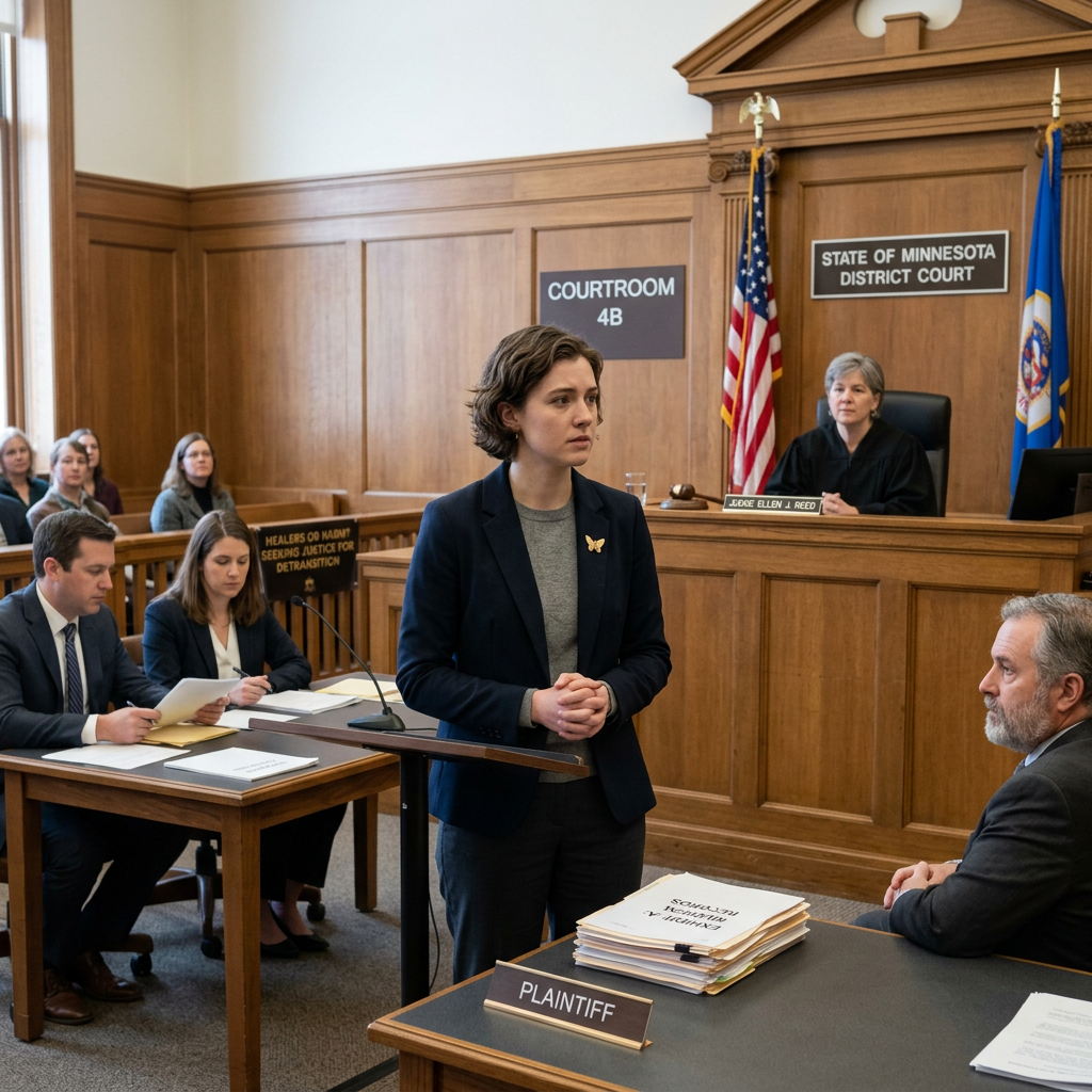 Lawyer standing and presenting a case in a courtroom with judge and people seated